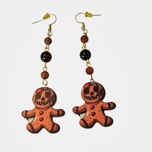 Creepy Gingerbread Cookie Earrings W/Garnet & Goldstone Beads 3D Print NWOT